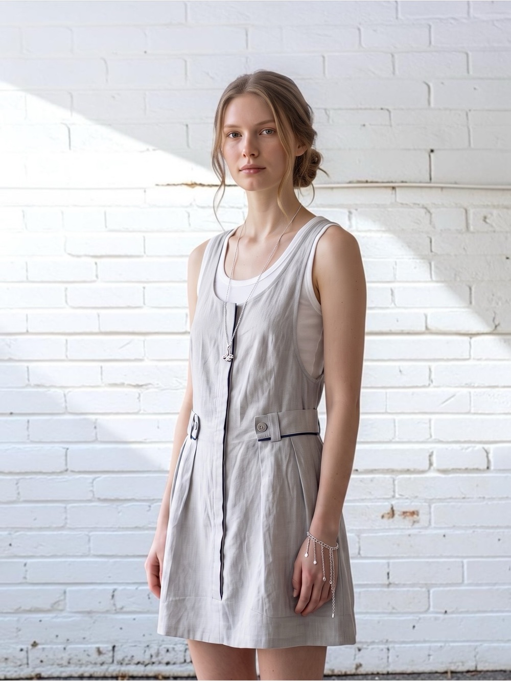 Crea Concept | Sleeveless Linen Blend Midi Dress in Light Tan | Size Small